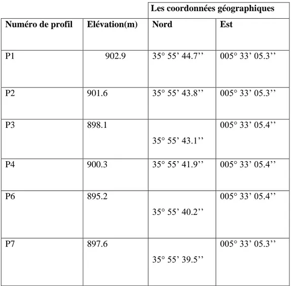 Tableau IV : Les coordonnés géographique des profils pédologiques 