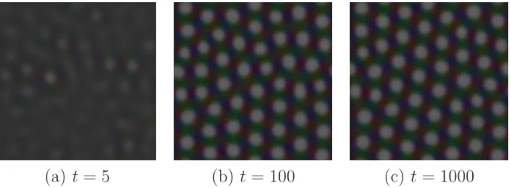 Figure 2.19 – Ilots de d´eformation obtenus avec le potentiel de la figure 2.18 . La structure ´evolue progressivement vers un ordre r´egulier.