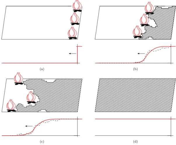Figure 1.2: Flame propagation: the microscopic configuration of the medium can be represented by a lattice such as a rectangular box K ⊂ εZ 2 , where ε represents the ratio between the macroscopic