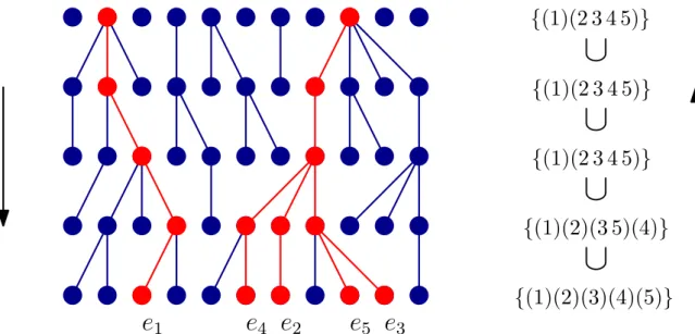 Figure 2.4: Ancestral partition process with N = 11 and n = 5 (its time parameter runs upwards).