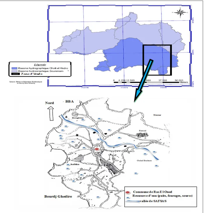 Figure 03 : Réseaux hydrographique de daïra de ras el oued Subdivision de hydrolique de  REO (2017)