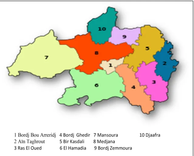 Figure 02: Localisation des daïras dans la wilaya de Bordj Bou Arreridj. (ANDI., 2014)  1.2