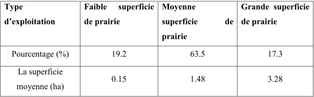 Tableau  VI: représente la classification des exploitations selon la taille de la prairie   Type   d’exploitation  Faible  superficie de prairie  Moyenne  superficie  de  prairie  Grande  superficie de prairie  Pourcentage (%)  19.2  63.5  17.3  La superficie  moyenne (ha)  0.15  1.48  3.28                                   