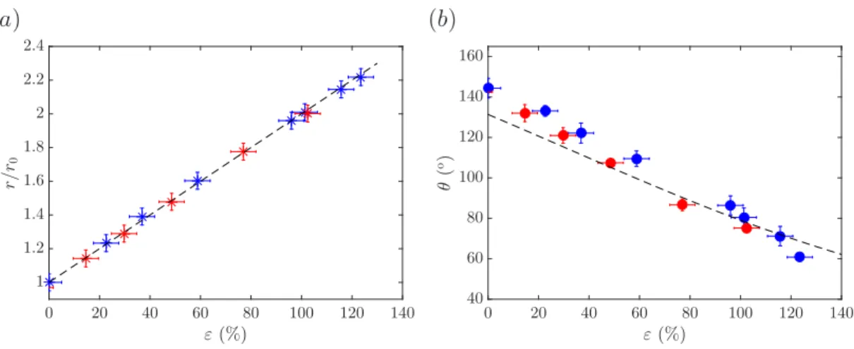 Fig. III.12 : (a) et (b) Variations du rayon de contact normalisé r/r 0 et de l’angle de contact θ au cours
