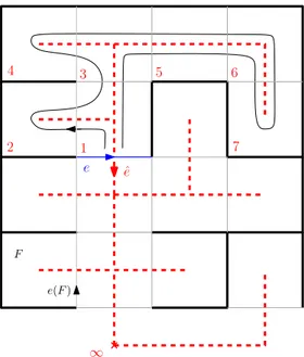 Figure 3.1 – We represent with black lines a spanning tree of a square grid together with its dual with dashed red lines