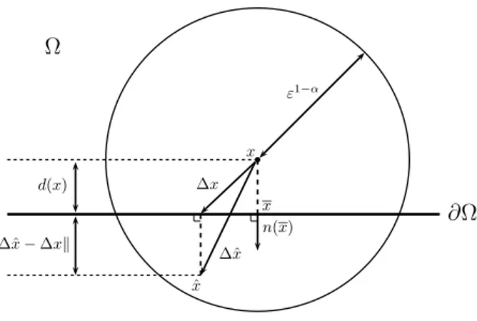 Figure 2 – Dérivation formelle pour x près du bord ∂Ω, notation : x = proj ∂Ω (x).