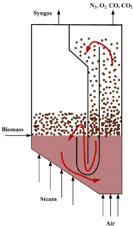 Figure 4.1 Circulating fluidized bed gasifier, the arrows correspond to the solid circulation between two sections