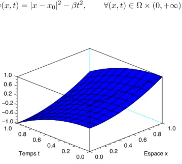 Fig. 1 – Fonction poids de Carleman ϕ(x, t) pour x 0 = 0 et β = 1.