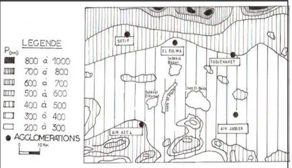 Figure 8 : Carte pluviométrique d’après CHAMONT et PAQUIN (1971) 