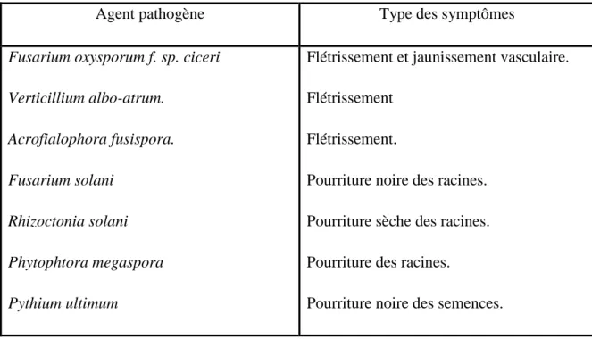 Tableau 04: Agents responsables du flétrissement de pois chiche.  (Kaouani et al., 2003) 