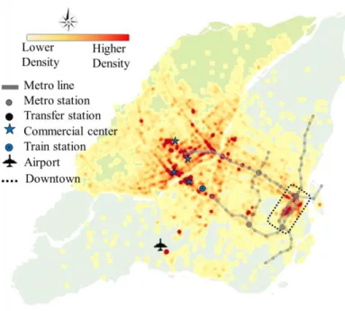 Figure 5.2: Heat map of origin-destination points for trips between Montreal and Laval A detailed comparison of trip frequencies across different days, the proportion of day trips versus  night trips, and the percentage of trips made in peak hours are pres