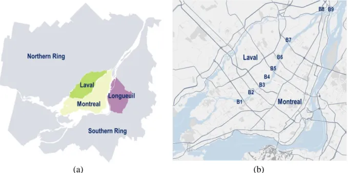 Figure 4.1: Context of the studied region. (a) The metropolitan region of Greater Montreal; (b)  Locations of bridges connecting Montreal to Laval 