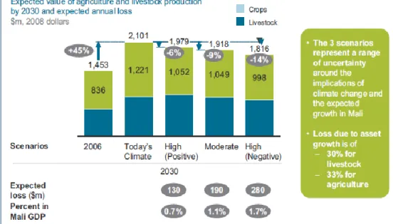 Figure 2.1 : Valeur monétaire des pertes de production agricoles et pastorales  au Mali dues aux changements climatiques 