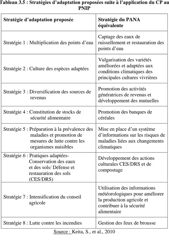 Tableau 3.5 : Stratégies d’adaptation proposées suite à l’application du CP au  PNIP 