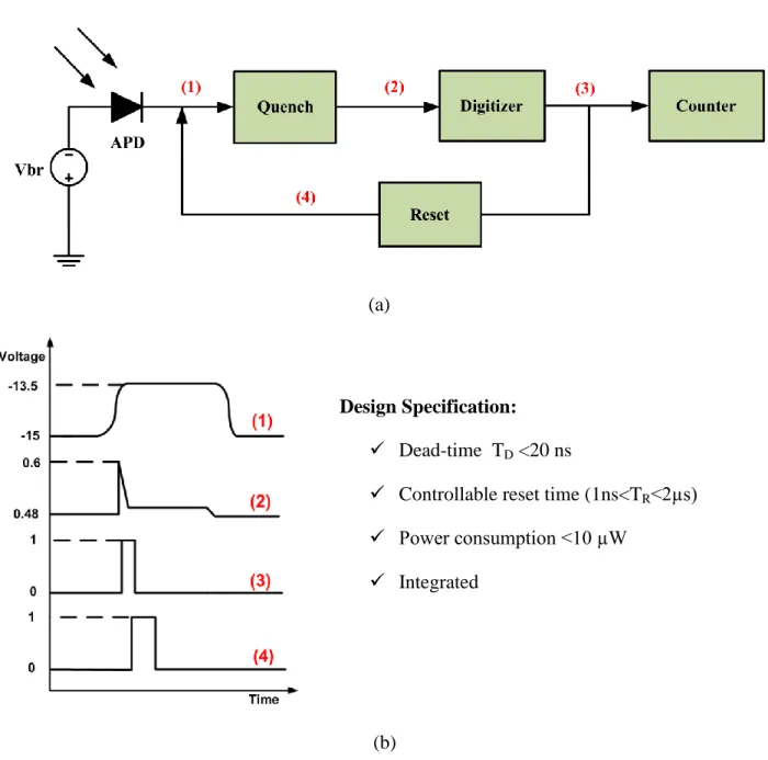 Figure 3.1: Quench-Reset Overall: (a) system level block diagram, (b) expected signal Design Specification: 