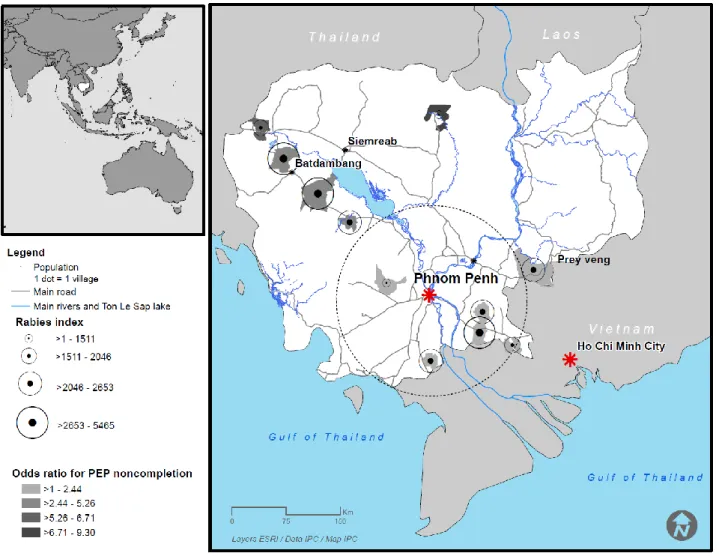 Figure 4: Clusters of underserved districts identified by a high burden of PEP noncompleters  (Rabies index) and 150-km distance from Phnom-Penh’s Doun Penh District, Rabies Prevention  Center at Institut Pasteur du Cambodge, 2009-2013