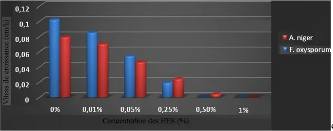 Figure 12: l’effet  des HES  de R. officinalis sur les  vitesses de croissance mycélienne du 