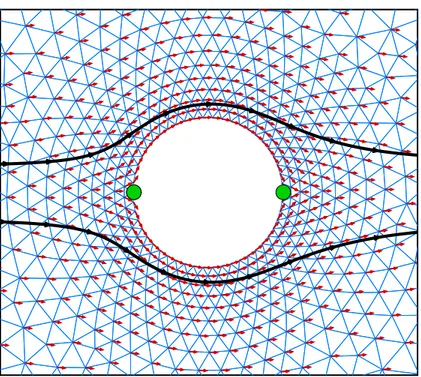 Figure 3.2 Generated mesh and direction of motion of the cells past on a circle