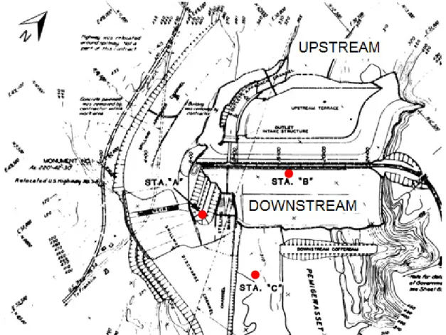Figure  2-23:  Plan  view  of  the  Franklin  Falls  Dam  and  location  of  accelerographs  A,  B  and  C  (Chang  1987)
