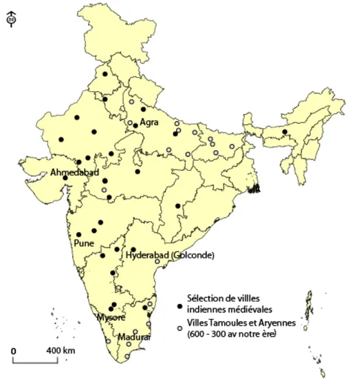 FIGURE 13 : PRINCIPALES VILLES INDIENNES ANCIENNES TAMILES ET ARYENNES   (600-300 AV NOTRE ERE) ET MEDIEVALES 