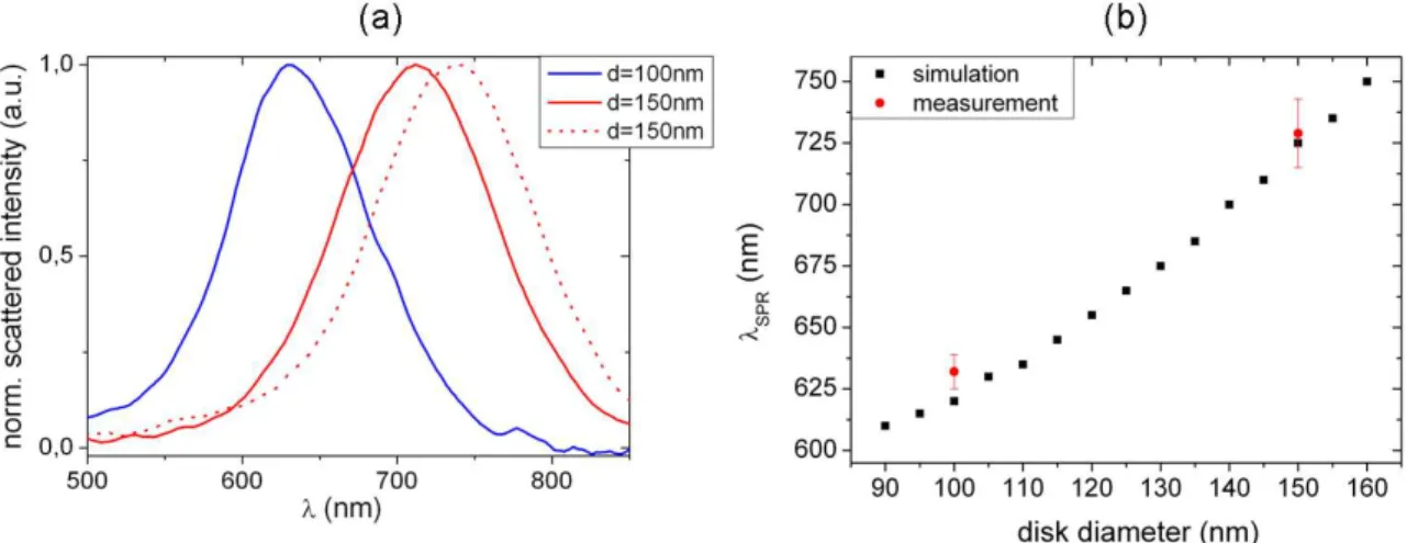Figure 4.1 – (a) Measured normalized scattered intensity spectra of single disks. The dotted (con- (con-tinuous) spectrum of the large disk corresponds to a measurement with linear polarized light along the x- (y-) axis, along the horizontal plane of the d