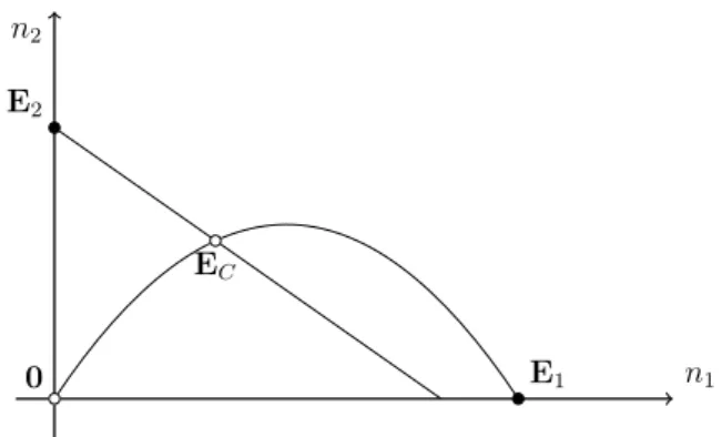 Figure 4.1: Schematic phase diagram for the reaction equations associated with ( 4.15 ), showing the