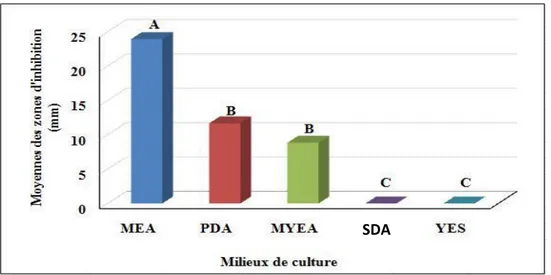 Figure 12:Activité antibactérienne de Penicillium sp. après croissance sur les  différents milieux de culture