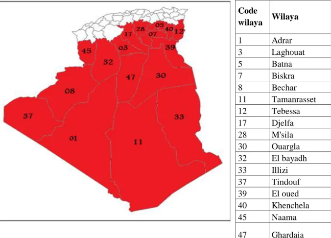 Figure 02: Distribution géographique du palmier dattier en Algérie (DSA Biskra  2016)