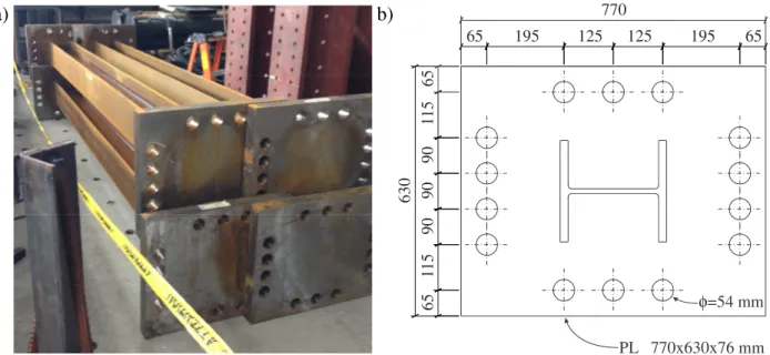 Figure 3-2: Colonnes d'acier testées : a) vue isométrique ; b) dimensions des plaques d'extrémités  (mm)