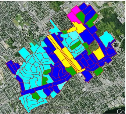 Figure  3-3:  Occupation  du  sol  du  secteur  étudié.  Bleu  foncé :  occupation  résidentielle  (multifamiliale);  Bleu  cyan :  occupation  résidentielle  (unifamiliale);  Vert :  occupation  institutionnelle ; Jaune : occupation commerciale ; Violet : occupation industrielle  