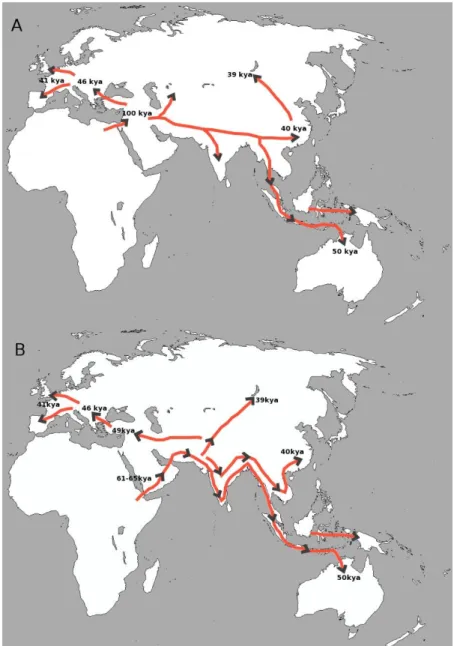Figure  1:  Maps  of  human  migration  routes  out  of  Africa  to  the  old  world  and 