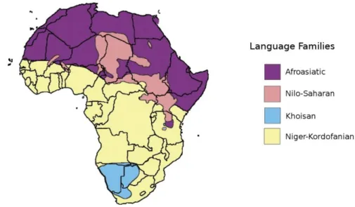 Figure 2: Map of geographic repartition of language macro families in Africa 