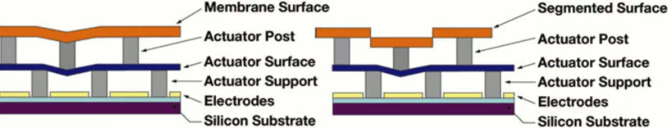 Figure 3.4 Cross sectional schematics of the main components of BMC’s continuous (left) and segmented (right) MEMS deformable mirrors