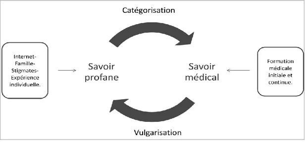 Figure 4.  Schéma  présentant  le  modèle  de  circulation  des  savoirs  profane  et  médical  entre  un  patient et son médecin lors d’une consultation médicale