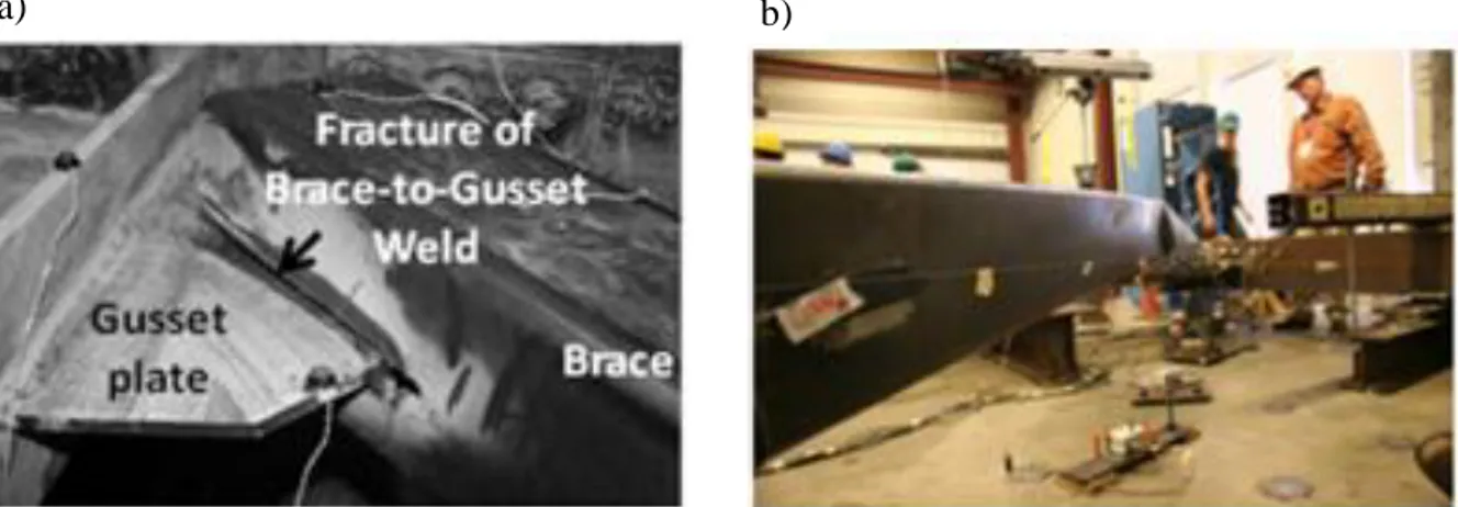 Figure  2.1: a) Connection fracture in NCBF 0; and b) Brace hinge formation in NCBF 1 (Johnson  et al