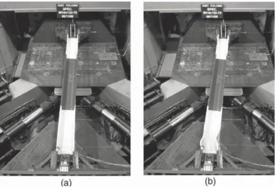 Figure  2.8: Overall deformed shape of specimen W14x132-75 at a) 4% drift; and b) 10% drift  (Newell and Uang 2008)