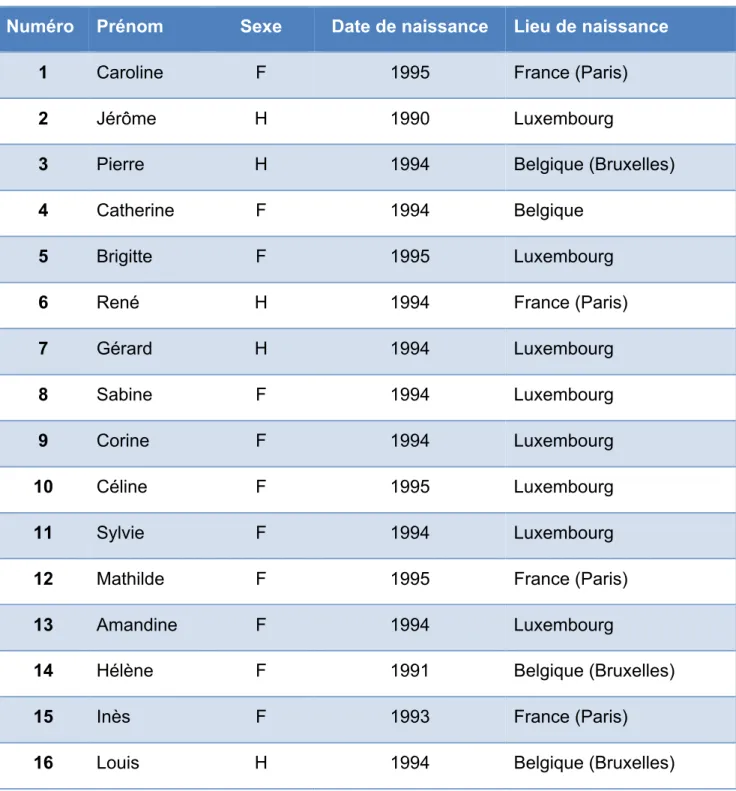 Tableau 1 : Tableau des profils biographiques  