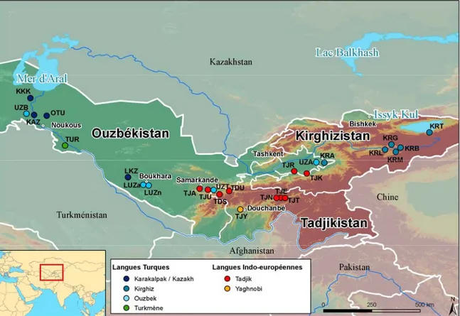 Figure 2 : Zone de rencontre entre familles linguistiques en Asie Centrale.   Source : Sylvain Théry  
