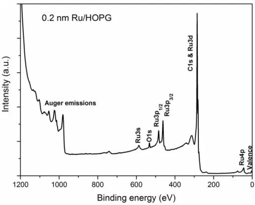 Figure 2.3: XPS survey spectrum of Ru NPs deposited onto HOPG, excited by Mg kα. 