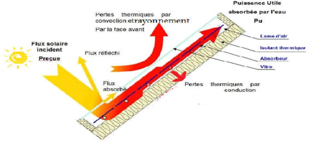 Figure 1.8 : Les différents échanges thermiques dans un capteur solaire plan 