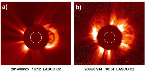 Figure 1.2: Snapshot images by LASCO C2 showing a) a partial halo CME and b) a halo CME