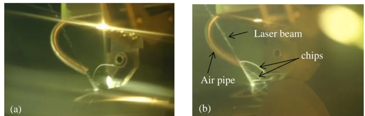 Figure 2.10- a) Laser beam hitting the surface to be machined, b) Laser beam hitting some chips  causing them to ignite 