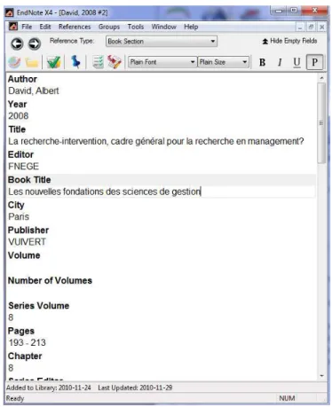 Figure 1-1 : Exemple de fiche bibliographique créée à l'aide du logiciel EndNote X4 