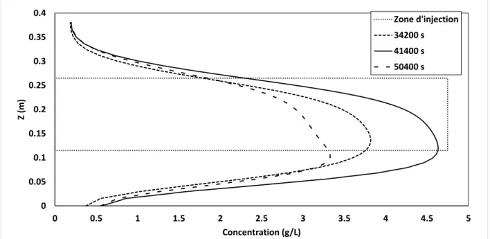 Figure  3.9 :  Distribution  verticale  de  la  concentration  à  40  cm  en  aval  hydraulique  du  puits  d’injection