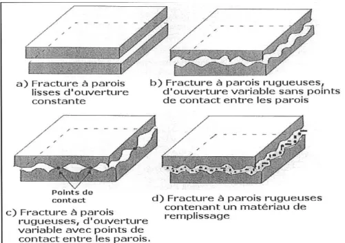 Figure 2.13 Schémas de quatre configurations typiques de l’intérieur d’une fracture (tiré  d’Indraratna et Ranjith, 2001)