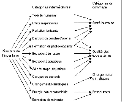 Figure 2-7: Catégories d’impacts intermédiaires et dommages de la méthode Impact 2002+ 