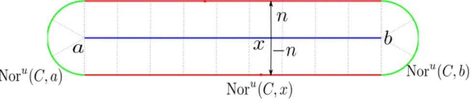 Figure 2.3: Illustration of the decomposition of the normal bundle of a segment in R 2 with