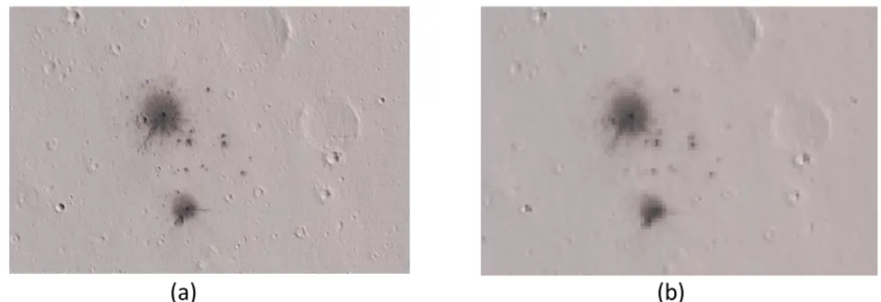 Figure 1-5 : Exemple de l’effet de l’Aliasing. (a) Image originale de surface de la planète Mars  (b) Image sous-échantillonnée, puis ramenée à sa taille initiale (crédit : NASA).