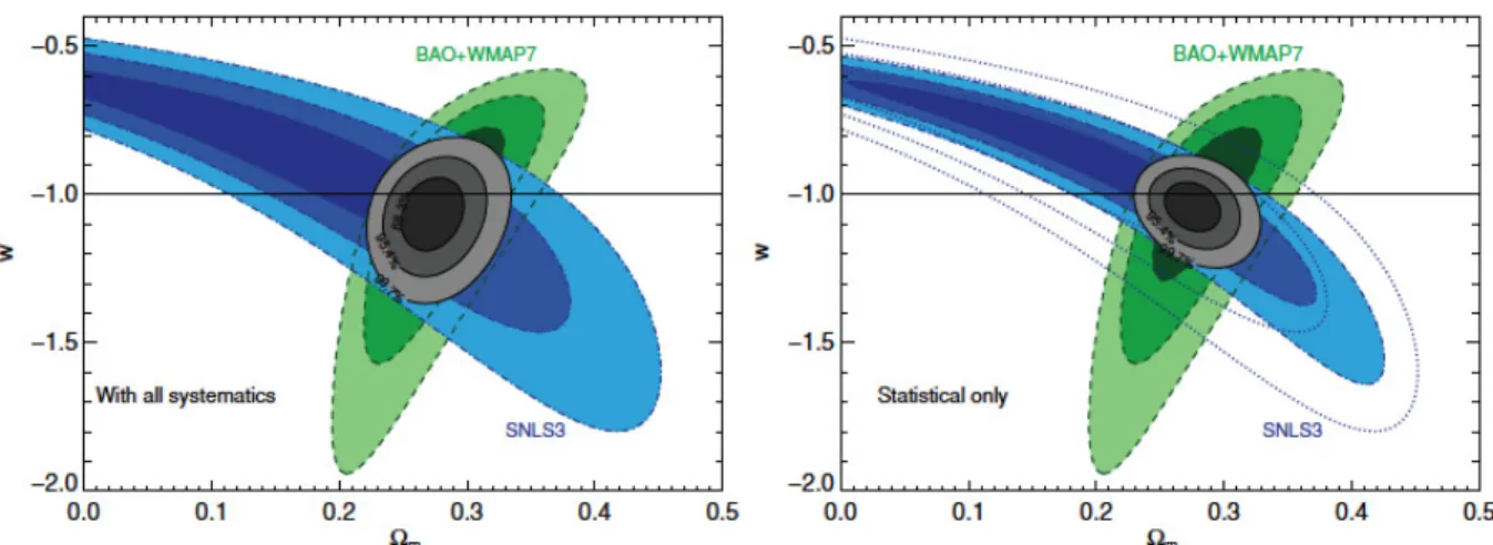Figure 1.9: Statistical joint constraints on Ω M , w, ﬂat cosmological models (including system-