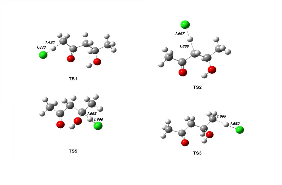 Fig. 3: Structures of key species TS1-TS5 (radicals obtained via channel I to V) considered for   kinetics simulations determined by B3LYP/6-311++G(2d,pd), bond lengths in Angstrom